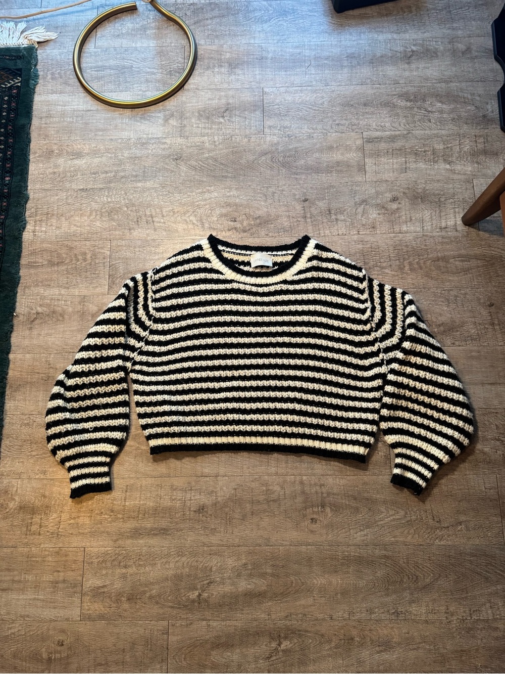 Cropped Black & Cream Striped Crewneck Sweater